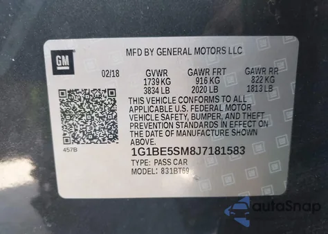 2018 Chevrolet Cruze Lt Auto z USA, uszkodzony, nr VIN 1G1BE5SM8J7181583